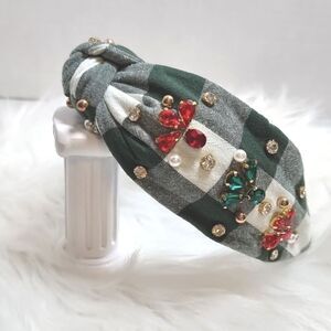 GREEN PLAID CHRISTMAS HEADBAND rhinestones color block